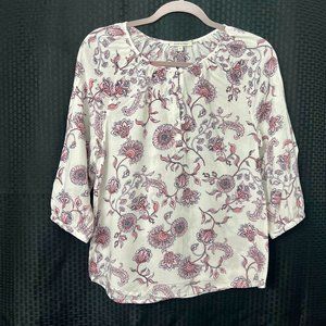 Anne Carson Women’s Peasant Blouse Lightweight White W/ Pink Floral Rayon